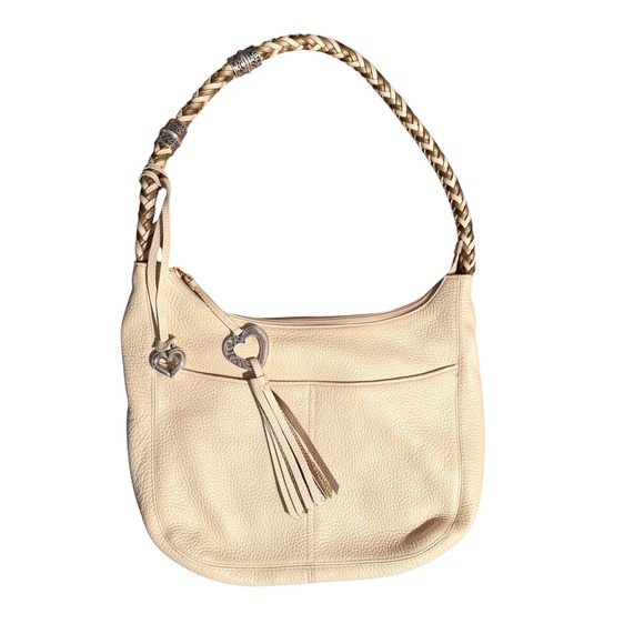 Brighton Beige Pebbled Leather Hobo Shoulder Bag Tassel Charm Silver Hardware - Picture 2 of 7